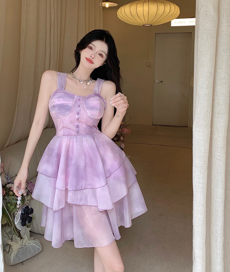 Holiday Sexy Spaghetti Strap Dress High Waist Sweet Mini Princess Dress Female Summer Purple Mesh Puffy Dress Robe Vestido