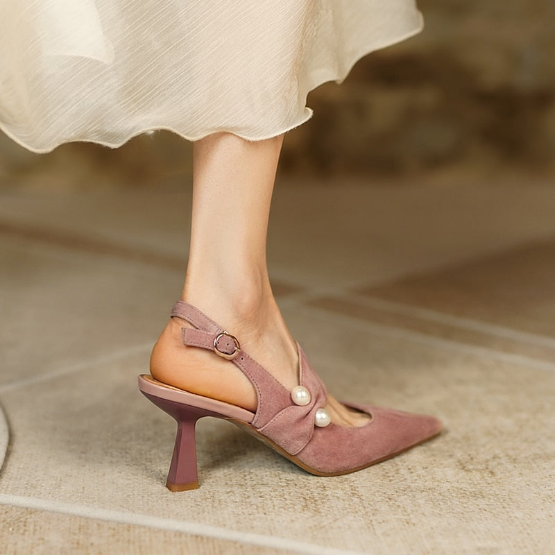 goosudu Party Prom Women Slingbacks Pumps Summer New Kid Suede Sandals Fashion Pointed Toe High Heels Shoes Woman Heels for Women