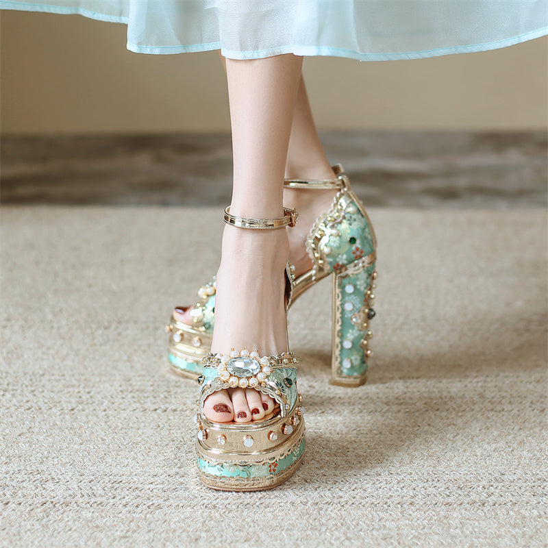 goosudu Luxury Gold Metallic Women Sandals Studded Square Heels Female Shoes Platform Flower Crystal Sexy Peep Toe Summer Ladies Pumps