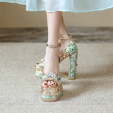 goosudu Luxury Gold Metallic Women Sandals Studded Square Heels Female Shoes Platform Flower Crystal Sexy Peep Toe Summer Ladies Pumps