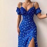 Aieru Sexy Sling Ruffle Strapless Slit Party Dress Women Summer Elegant Off Shoulder V Neck Long Dress Spring Floral Print Slim Dress