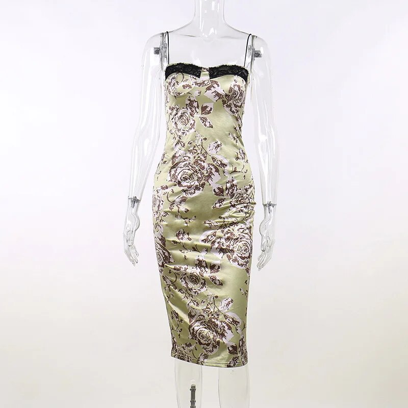 Patchwork Vintage Printed Long Dress Female Slim Elegant Spaghetti Party Gown Dress Backless High Waist Sexy Maxi Dress