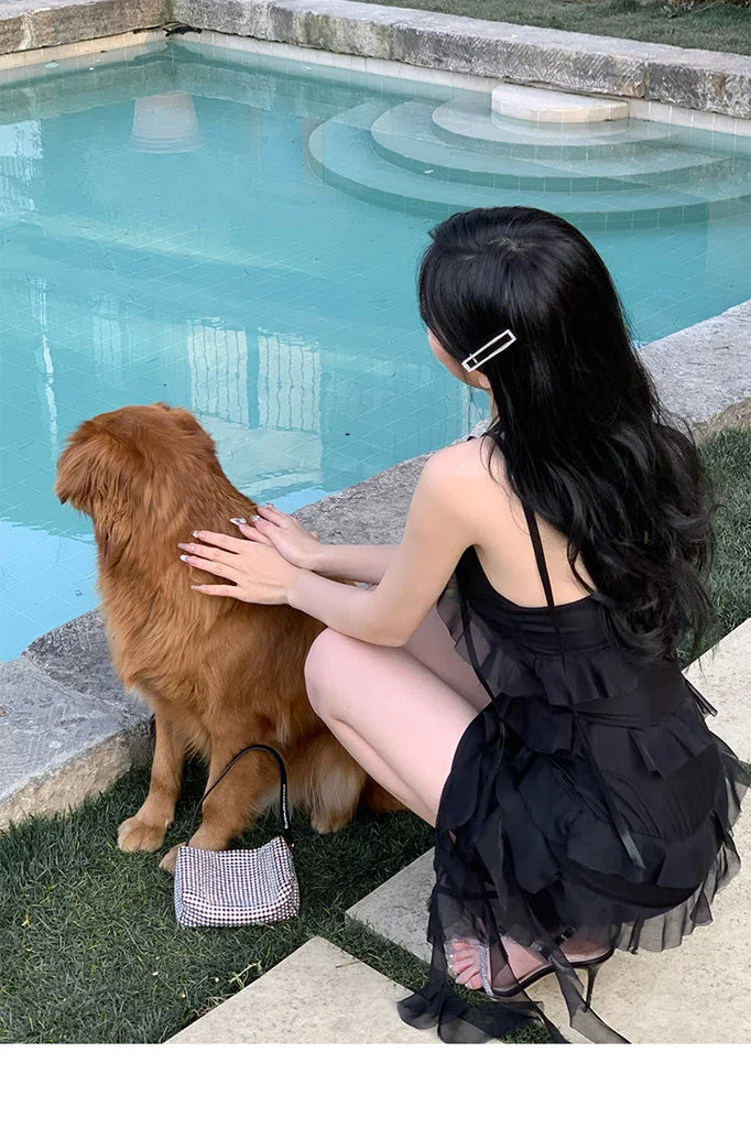 Summer Women's Suspender Dress Sleeveless Holiday Romantic Sexy Style Korean Fashion Irregular Black Chiffon Short Skirt Dress