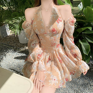 Long Sleeved Floral Dress Summer French Chiffon V-Neck Off Shoulder Slim Halterneck Mini Women Short Sundress Beachwe