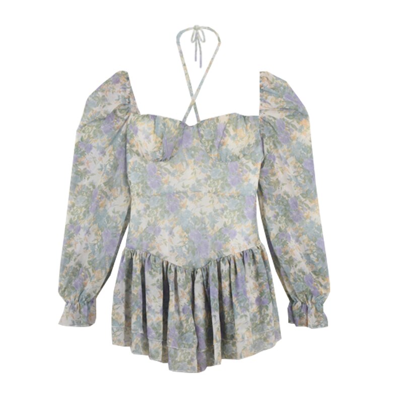 Goosudu  Sexy Floral One Piece Dress Korean Fashion Woman Puff Sleeve Y2k Mini Dress Casual Spring Design Elegant Short Party Dress