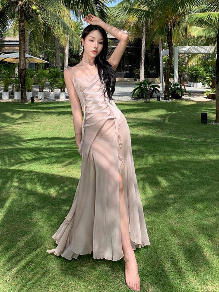 Women's Long Ball Princess Dresses Elegant Backless Spaghetti Strap Party Split Bandage Ruffled Dress Summer Sexy Fashion Boho