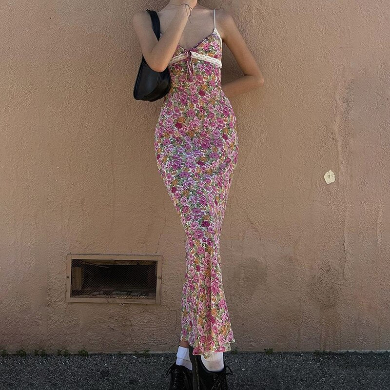 Flowers Print Spaghetti Straps Wrap Long Dress 90s E-girl Aesthetic Women Summer Sleeveless Tie Up V-Neck Sundress