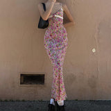 Flowers Print Spaghetti Straps Wrap Long Dress 90s E-girl Aesthetic Women Summer Sleeveless Tie Up V-Neck Sundress