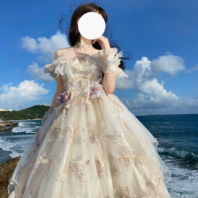 Japanese Retro Victorian Style Lolita Jsk Dress Sweet Ruffles Lace Floral Embroidery Princess Dresses Girl Women'S Summer Dress