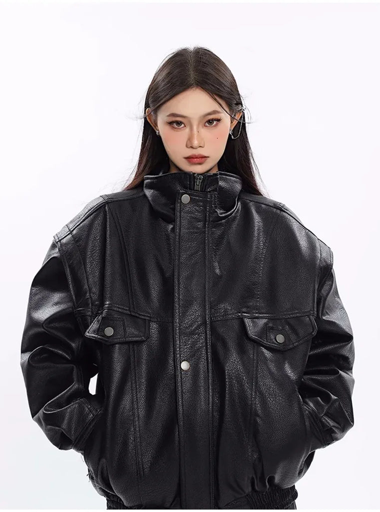 Spring Autumn Oversized Cool Windproof Thick Black Pu Leather Jacket Women Zip Up Luxury Designer Unisex Clothes