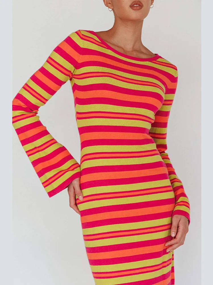 Sexy Backless Lace Up Women Striped Knitted Dress Fashion Slim O-neck Long Sleeve Midi Dresses Autumn Lady Chic Streetwear