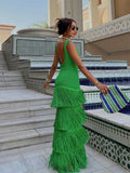 Knit Sleeveless Dress Women Green Sexy Backless U-neck Long Dresses Female  Summer Fashion Beach Holiday Lady
