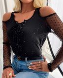 Spring Summer Women Sexy Daily Wear Cold Shoulder Sheer Mesh Lace Blouse Long SLeeve Black Shirt Casual