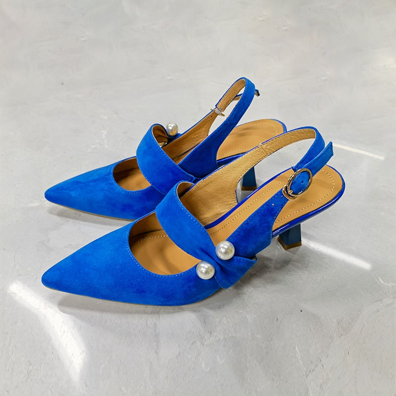 goosudu Party Prom Women Slingbacks Pumps Summer New Kid Suede Sandals Fashion Pointed Toe High Heels Shoes Woman Heels for Women