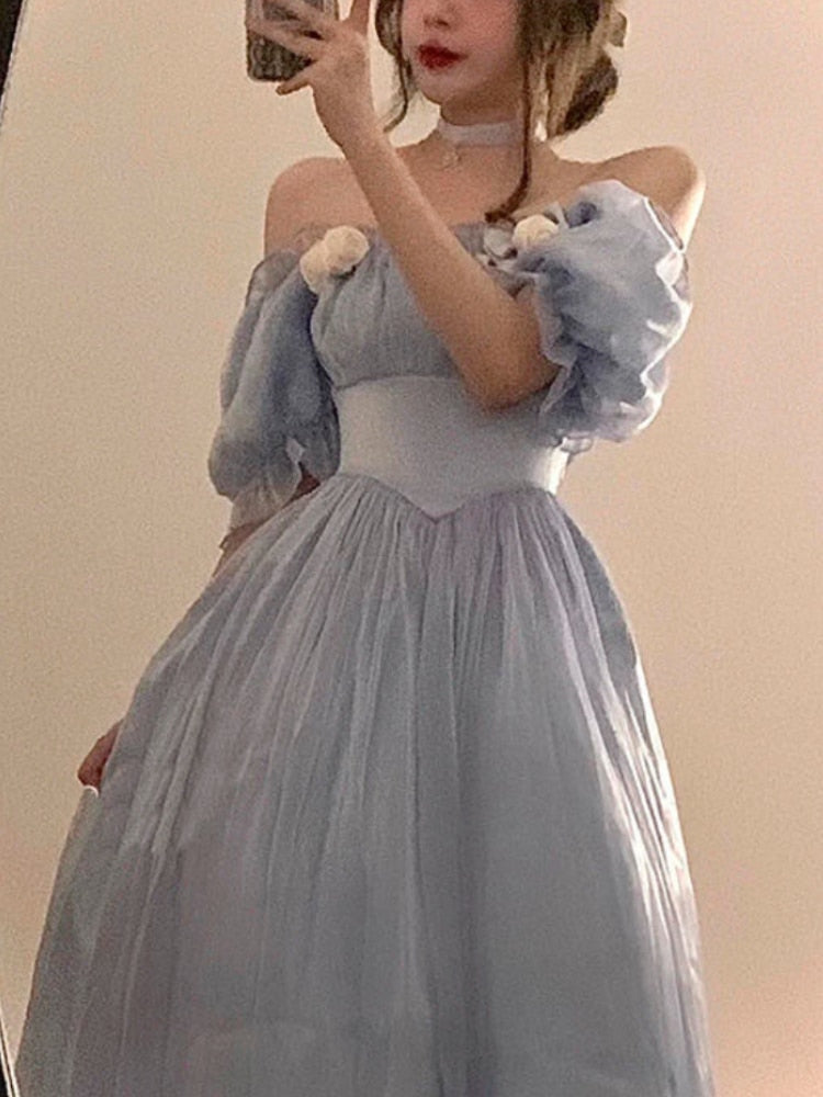 Vintage Elegant Midi Dresses Women Spring Blue Patchwork Retro Evening Party Dress French Sweet Korean Princess Fairy Dress
