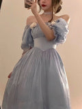 Vintage Elegant Midi Dresses Women Spring Blue Patchwork Retro Evening Party Dress French Sweet Korean Princess Fairy Dress