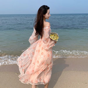 Holiday Pink Beach Dress Long Sleeve Floral Dress Women's Summer A-line Midi Princess Sweet Fairy Dress Sundress Femme Robe