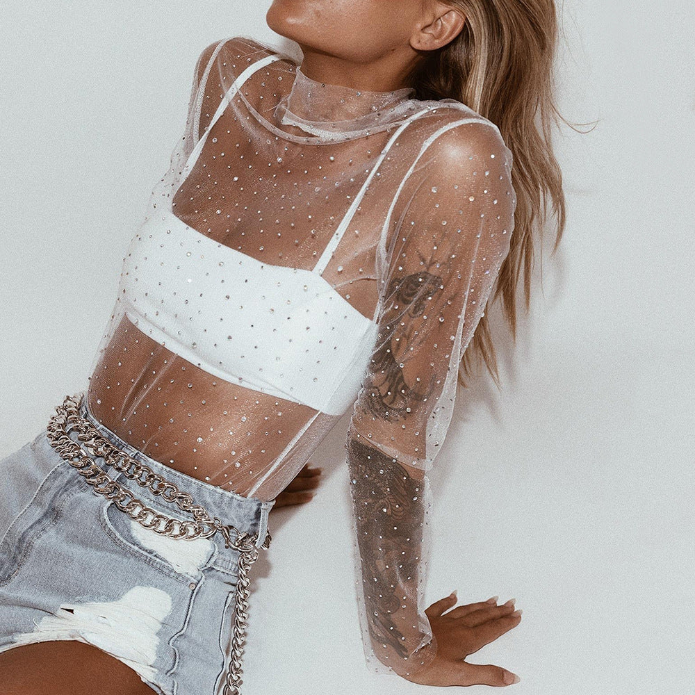 goosudu  See Through Diamond Beads Mesh Women Tops Black Long Sleeve Round Neck Short Tops Women Spring Skinny Fashion Streetwear
