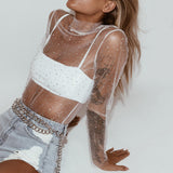 goosudu  See Through Diamond Beads Mesh Women Tops Black Long Sleeve Round Neck Short Tops Women Spring Skinny Fashion Streetwear