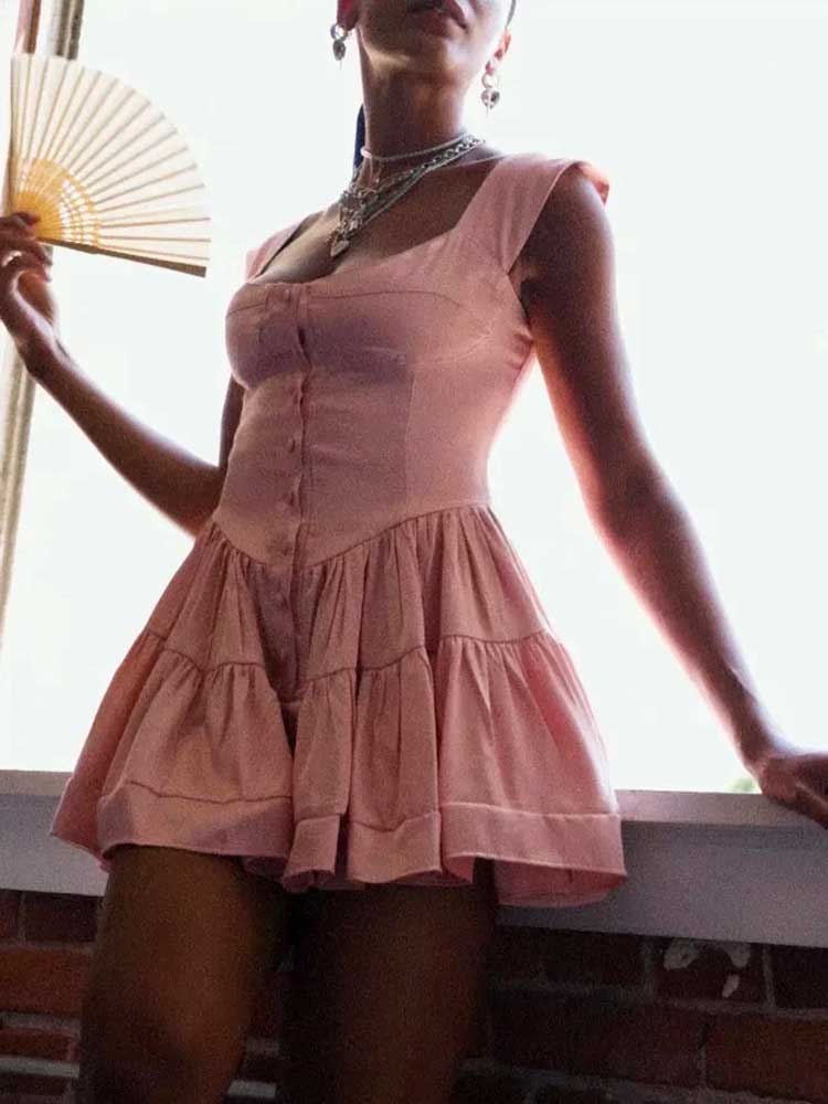 goosudu Inspired ruffled bustier romper dress women off shoulder straps sexy summer dress buttons slim fit dresses for women party