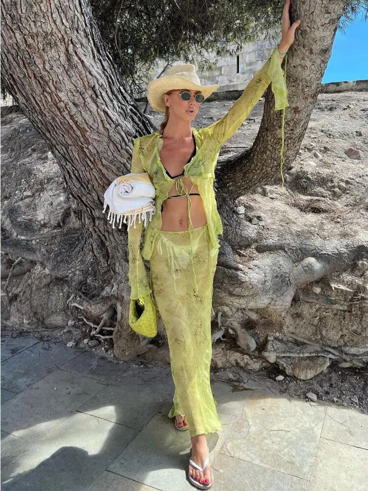 Summer Chiffon Fashion Maxi Skirt cover-up Women Elegant High Waist printed Holiday See-Through Printed Female Long Skirt