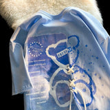 Hip Hop Sky Blue Creative Bear Drawstring Graphic T Shirts Kawaii Clothes Korean Fashion Oversized Short Sleeve Tops Summer