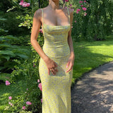 Flower Print Slip Sleeveless Backless Slim Sexy Maxi Dress Spring Women Elegant Streetwear Party Clothing Concise