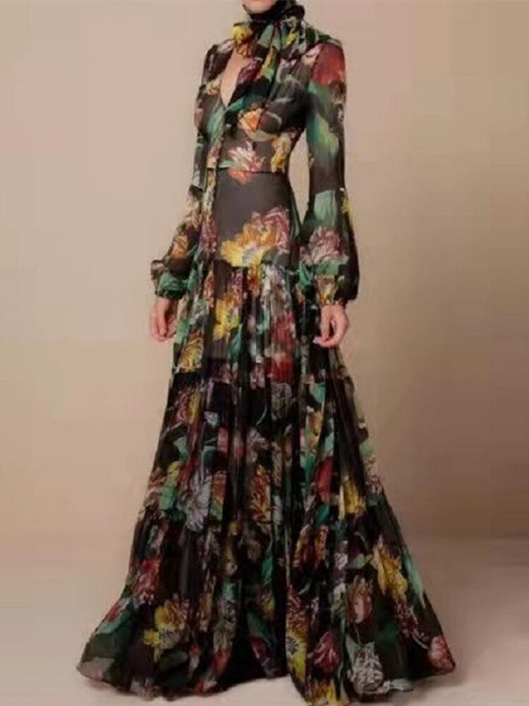 goosudu  Retro Floral Leopard Print Long Dress Spring Autumn Women Long Sleeve Maxi Dress High Fashion Halter Hollow Out Party Dress