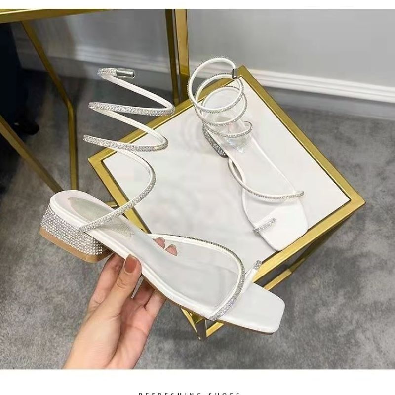 Summer New Women's Sandals Fashion Luxury Rhinestone Butterfly Snake Surround Chunky Heel Banquet Shoes