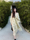 Frehcn Vintage Floral Midi Dress Office Lady V-Neck Casual Beach Party Dress Women Summer Chiffon One Piece Dress Korean