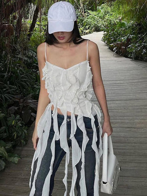 Ruffle Fringed Suspender Vest Women Sexy Off Shouder Backless Tank Tops  Spring Summer Female Camisole
