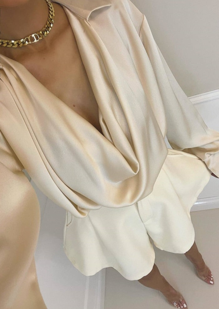 goosudu Satin Sexy V Neck Office Women Blouses White Long Sleeve Solid Casual Blouses Women Spring Summer Loose Female Party Top