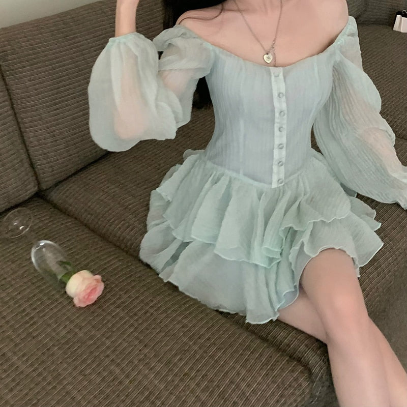 goosudu Fairy Dress Retro Cupcake Dress Square Neck Puff Sleeve Dress Women Chic Patchwork Spring New High Waist Long Sleeve Short Dress Summer