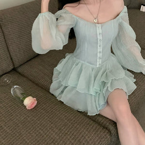 goosudu Fairy Dress Retro Cupcake Dress Square Neck Puff Sleeve Dress Women Chic Patchwork Spring New High Waist Long Sleeve Short Dress Summer