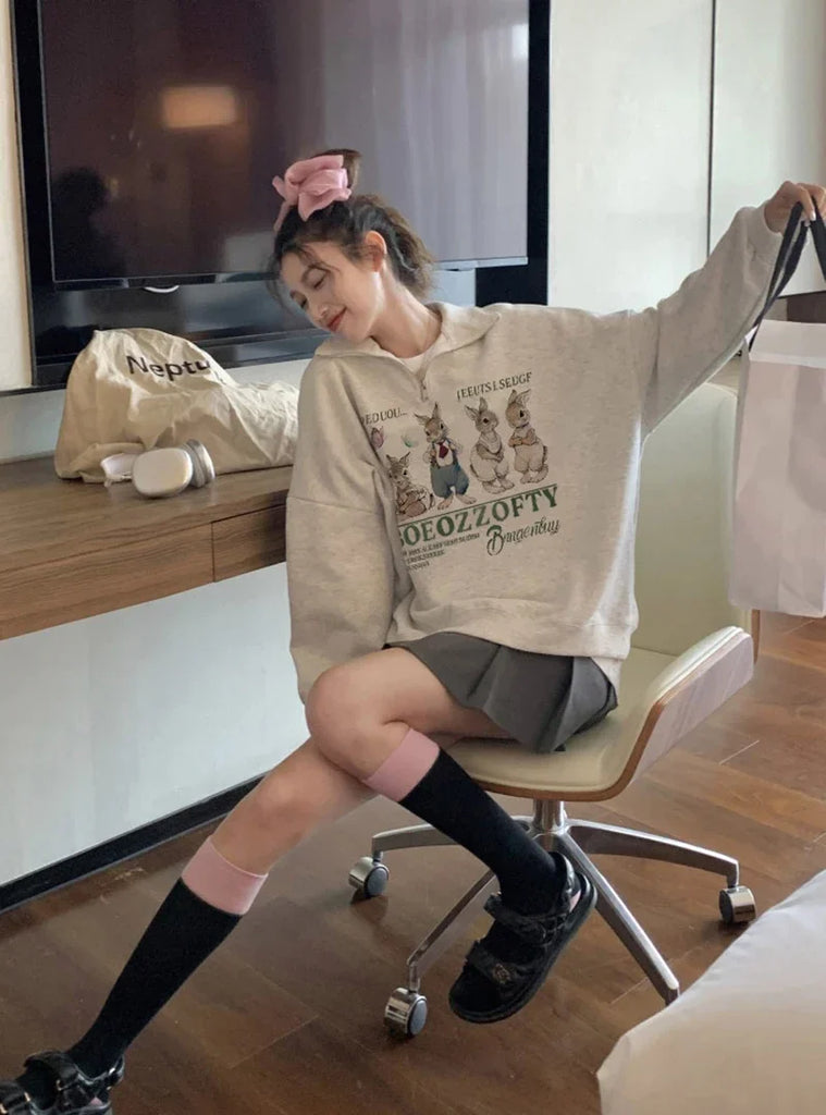 Hoodie for Woman Retro Gray Rabbit Y2k  Sweater Women Spring and Autumn Loose Oversize Harajuku Wind Casual Hundred Take Tops
