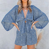 Leopard Print Bowknot Wide Leg Romper Overalls Casual Loose Summer V Neck Playsuits Short Jumpsuits Pockets