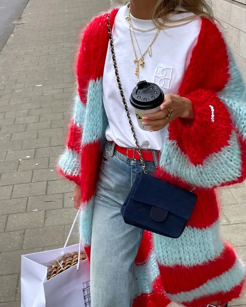 Stripe Women Knit Splice Cardigans Loose Autumn Winter Vintage Full Sleeve Long Coat Ladies Casual Street Jacket Knitwear