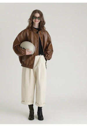 Spring Autumn Cool Oversized Brown Black Faux Leather Bomber Jacket Women Zip Up Luxury Designer Unisex Clothes