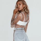 goosudu  See Through Diamond Beads Mesh Women Tops Black Long Sleeve Round Neck Short Tops Women Spring Skinny Fashion Streetwear