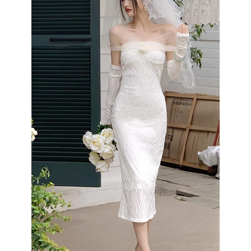 Summer Elegant Vintage White Dress Women Chic One Piece Dress Korean Casual Long Sleeve Beach Party Midi Dress Office Lady