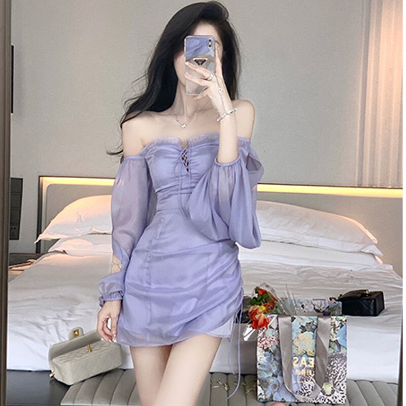 Korean Summer Designer Chiffon Lace Lolita Dress Women Elegant Long Sleeve Sexy Shirring Skinny Mini Dress Woman Bandage Dresses