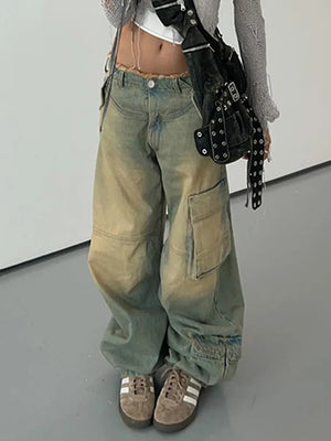 Women Jeans 90s Vintage Baggy Stitching Straight Denim Jeans Y2k Clothing High Waist Loose Long Pants Korean Fashion Streetwear