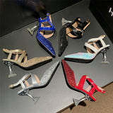 Sandals Women Glitter Clear High Heels Pointed Cross Strap Slingback Lady Shoe Ankle Strap Buckle Party Pumps Bride Big Size 43