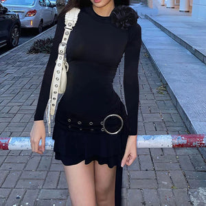 Korean Ruffles Short Dress Autumn Spring Long Sleeve O Neck 3D Flower Decorated Pleated Mini Dress with Belt Vintage Streetwear