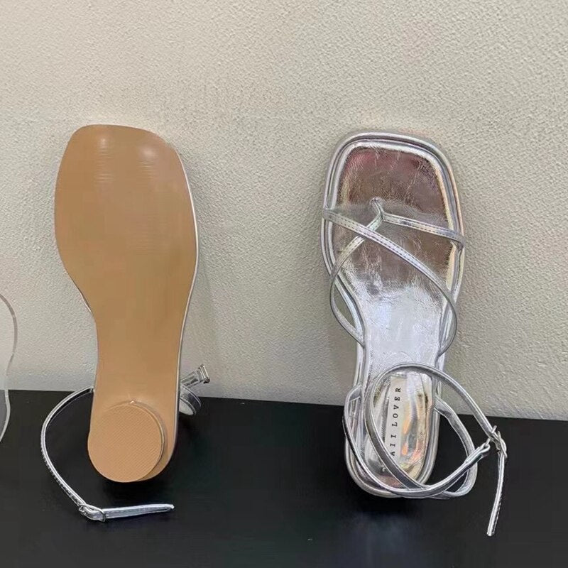 Summer Women Sandal Shoes Low Round Heel Narrow Band Gladiator Casual Sandal Ladies Casual Outdoor Beach Slides