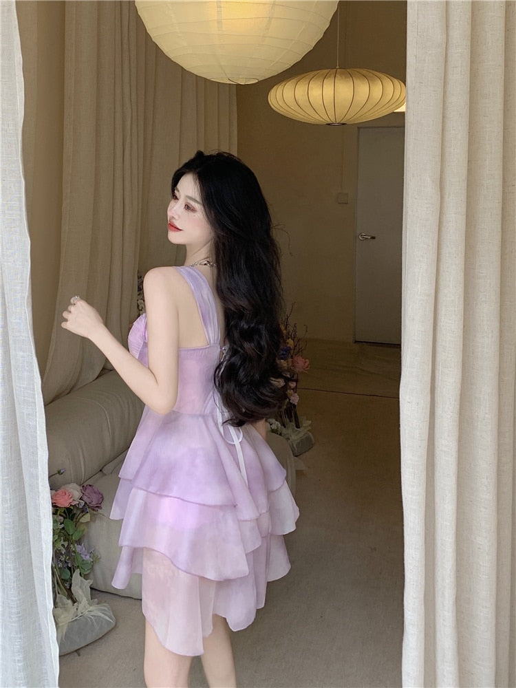 Holiday Sexy Spaghetti Strap Dress High Waist Sweet Mini Princess Dress Female Summer Purple Mesh Puffy Dress Robe Vestido