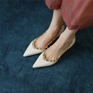 Womens Pumps High Heels Patent Leather Rivet Pointed Toe Thin Heel Office Wedding Lady Black Handmade Sexy Shoe Big Size 42