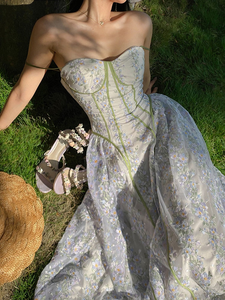 Lace Floral Sling Dress Women's Summer Spaghetti Strap Dress French Fairy Elegant Long Wrapped Chest Party Dresses Robe