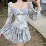 Goosudu  Sexy Floral One Piece Dress Korean Fashion Woman Puff Sleeve Y2k Mini Dress Casual Spring Design Elegant Short Party Dress