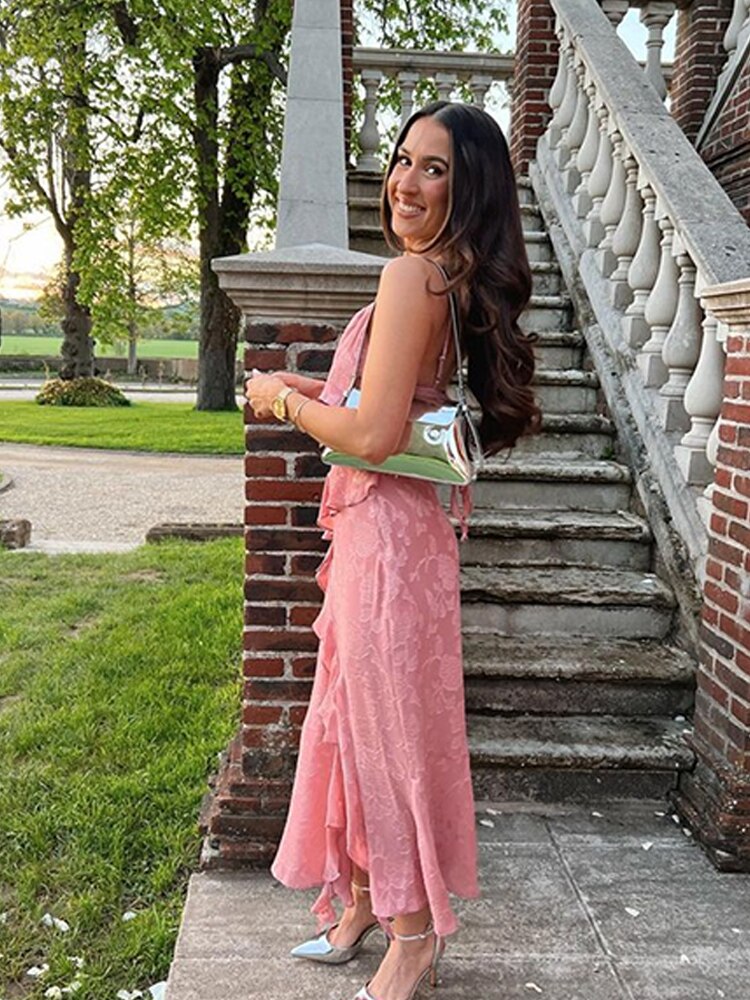 Summer Ruffles Floral Dress Women Print Slip Dress Maxi Dresses Female  Elegant Side Split Backless Sleeveless Lady